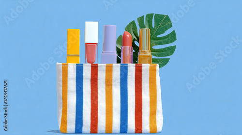 Wallpaper Mural Colorful makeup collection in a striped pouch against a bright blue background during a summer sale Torontodigital.ca