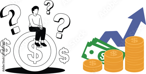 Financial Risk and Reward Concept Vector. Money Questions vs Growth, Coins, Bills, and Upward Arrow Illustration