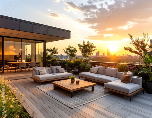 Rooftop terrace at sunset overlooking a city