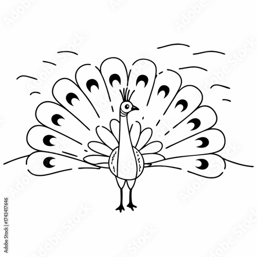 Minimilist stylized peacock with elaborate feather display in black and white line art illustration style design vector