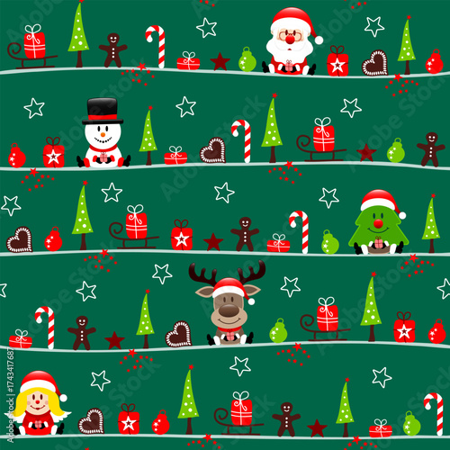 Endlosmuster Weihnachtsmann Schneemann Baum Rentier Und Engel Icons Dunkelgrün