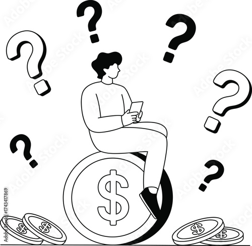 Black Line Art of Person with Money Questions. Financial Uncertainty Concept Vector. Debt or Investment Decision Stress