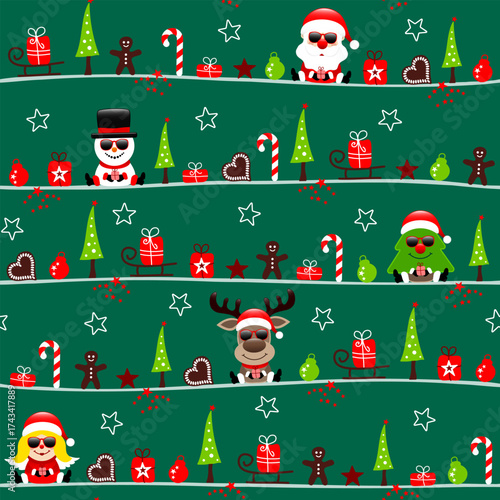 Endlosmuster Weihnachtsmann Schneemann Baum Rentier Und Engel Sonnenbrille Icons Dunkelgrün