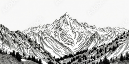 An illustration of a towe snow capped mountain range with jagged peaks and forested slopes set against a bright sky provides an impressive natural vista.