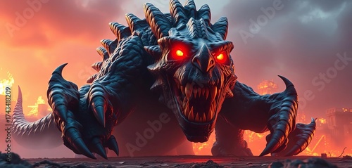 Gargantuan, clawed beast with glowing red eyes, sharp teeth,  shadow,  powerful