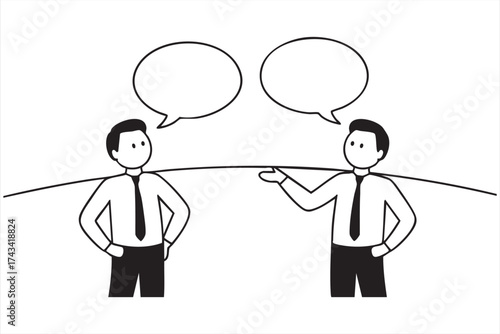 Two businesspeople talking with speech bubbles symbolizing communication, teamwork, negotiation, and discussion concept for corporate, leadership, and collaboration design.