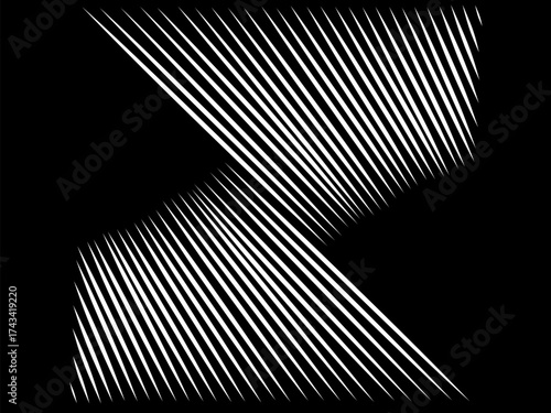 Abstract black and white optical illusion art with dynamic diagonal lines creating a twisting geometric shape. Perfect for modern design, posters, and backgrounds.
