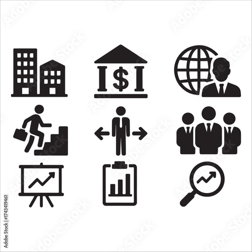 This image is a collection of nine black and white business icons arranged in a 3x3 grid. The icons represent various business concepts such as buildings, a bank, a globe with a businessman, 