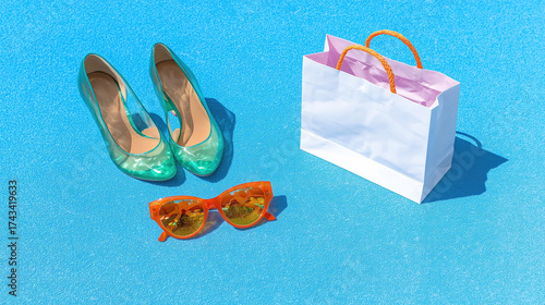 Wallpaper Mural Brightly colored accessories and shopping bag on a vibrant blue background make the perfect summer shopping scene Torontodigital.ca