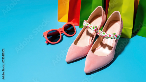 Wallpaper Mural Stylish pink shoes with floral accents and colorful shopping bags on a vibrant blue background Torontodigital.ca