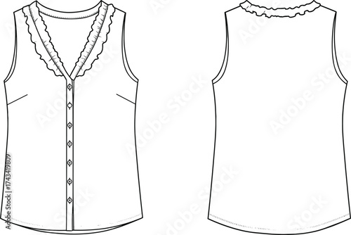 Women blouse flat fashion sketch, sleeveless top technical drawing, lace trim neckline, button down closure, apparel CAD design vector illustration