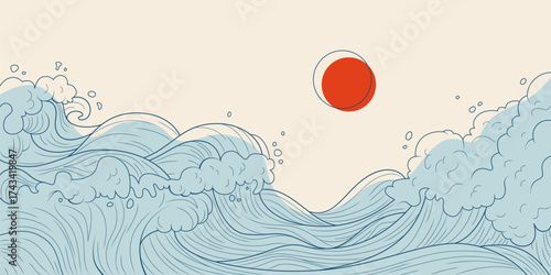 Japanese water wave illustration with traditional ocean motifs - flowing blue sea waves, foam clouds with drops and red sun on cream background. Oriental art style for decorative or cultural projects.