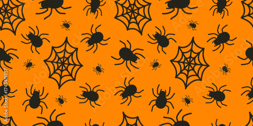 Halloween seamless pattern with spiders and webs. A spooky Halloween background with black arachnids