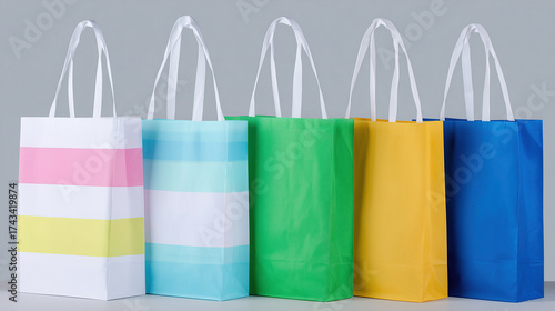 Wallpaper Mural Colorful shopping bags arranged neatly on a gray background showcasing sale season excitement Torontodigital.ca
