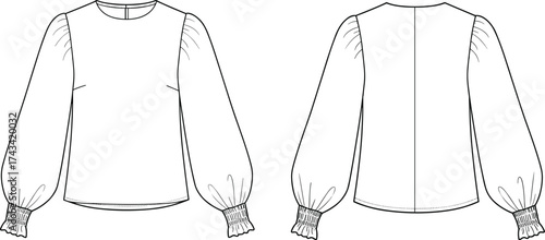 Women blouse flat sketch with round neckline, puff long sleeves, ruffled cuffs, technical garment drawing, fashion vector illustration design