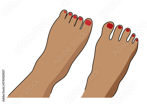 Woman's feet with red toe nails. Pedi cure and foot care concept for summer vacation and spa wellness for relaxation.