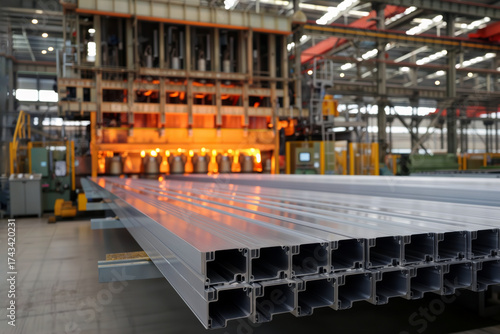 Extruded aluminum profiles leaving a hot industrial press.