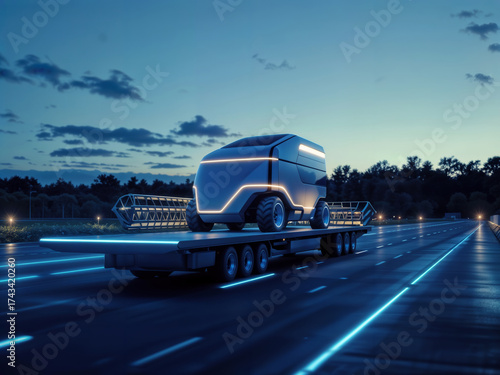 Futuristic autonomous vehicle on a trailer at night.