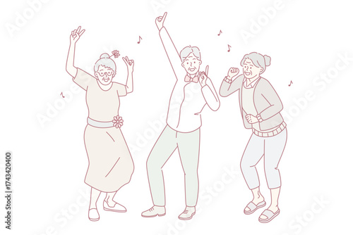 Elderly mature people active lifestyle concept. Group of happy old grey haired men and women dancing having fun enjoying time together vector illustration
