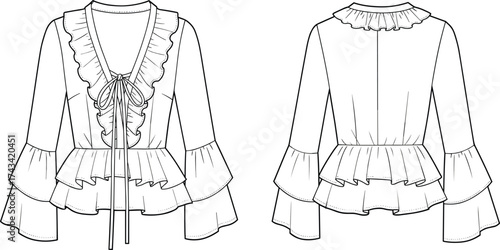 Women blouse flat sketch with ruffled neckline, bow tie front, bell sleeves, peplum hem, technical garment drawing, vector fashion illustration