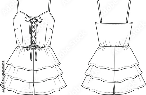 Women romper fashion flat sketch, tiered skirt technical drawing, lace up bodice, spaghetti strap outfit, garment design vector illustration