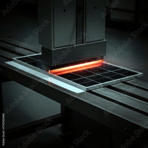 Solar panel lamination under heated press in industrial workshop.