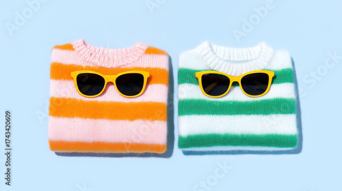 Wallpaper Mural Bright and cheerful sweaters with sunglasses on a vibrant backdrop create a fun shopping atmosphere during a sale event Torontodigital.ca
