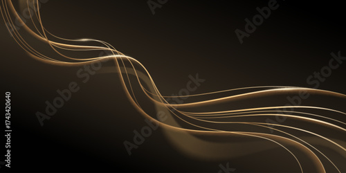 Black background with golden wave lines and glow effect for luxury abstract design. Flowing curves with luminous streaks, elegant motion graphics and premium visual elements for modern presentation.