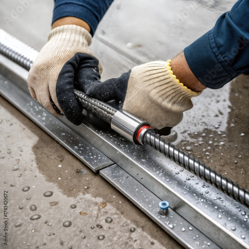 Hands installing coupler on steel rebar with water droplets.