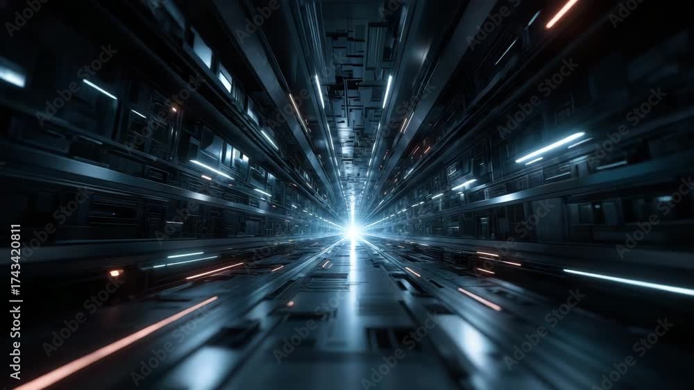 Futuristic tunnel glowing with metallic surfaces and lights creating deep sci fi corridor in dark technology environment showcasing depth and motion