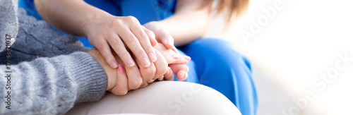 Wallpaper Mural Young caucasian nurse concerned and comforting with sad patient in outdoor park, doctor woman support and counseling with patient, caregiver and service with senior, medical and consoling. Torontodigital.ca