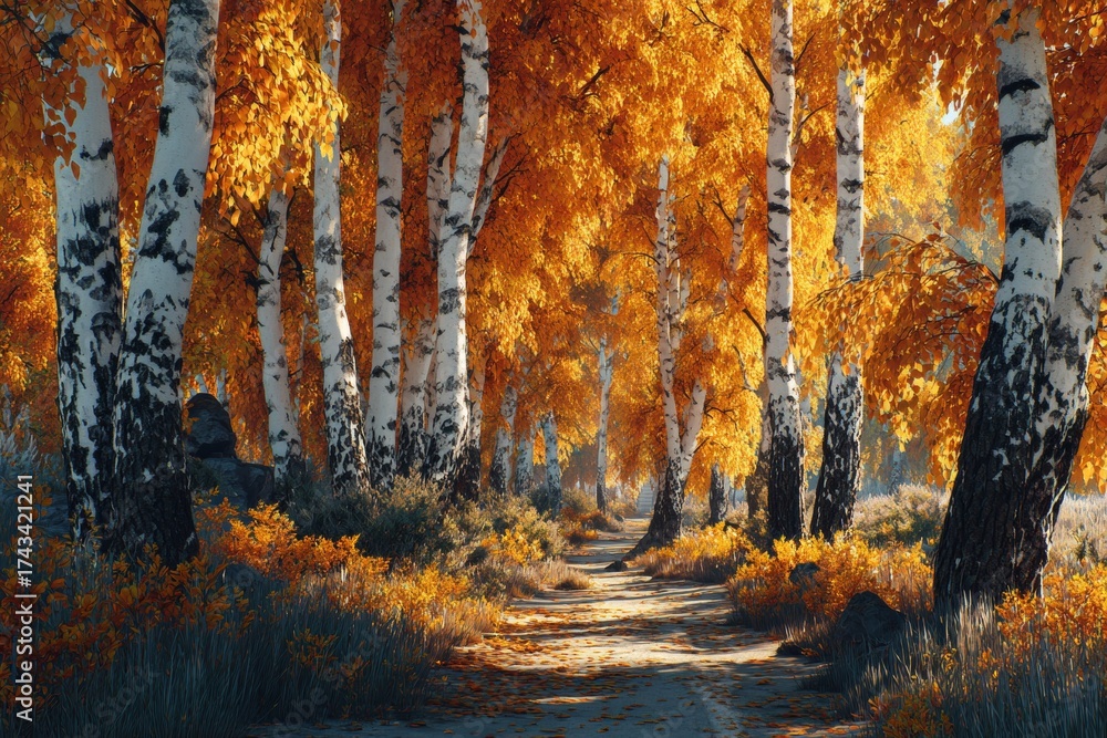 Fototapeta premium Nature's golden blanket: an enchanting birch grove in early frost. Clear focus. Golden birch alley by road: autumn's quiet elegance with frozen grass. Sharp image. Empty space.