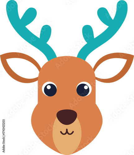 Cute cartoon reindeer face with teal antlers animal