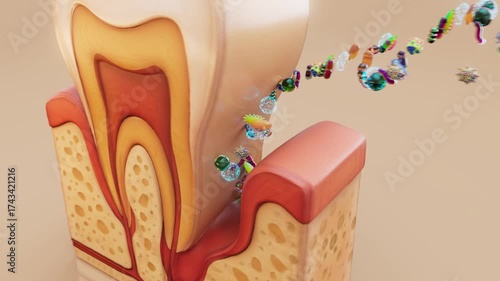 Conceptual 3D animation of periodontitis with bacteria under the gums