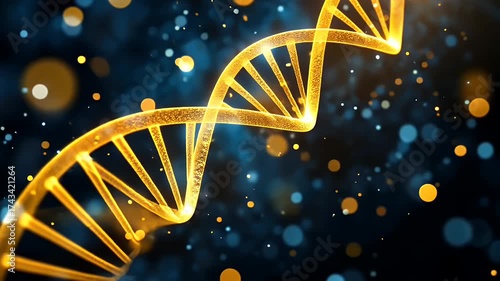 Luminous Golden DNA Helix with Sparkling Particles on a Dark Background in a Scientific Visualization