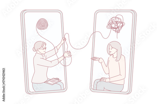 Online psychological help and technologies concept. Young woman doctor making online consultation and helping to release young girl patient from mind mess vector illustration