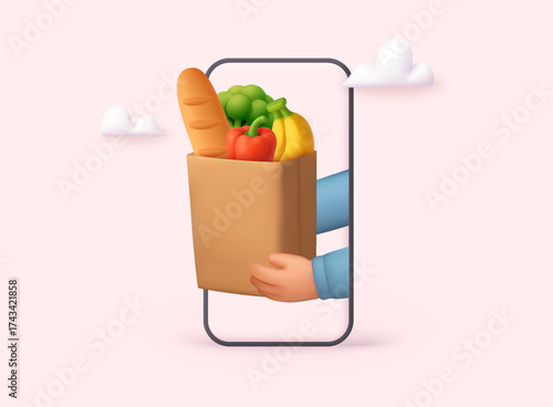 Online grocery delivery concept with hand holding bag from smartphone. E-commerce and fast service idea. 3D Vector Web Illustration.