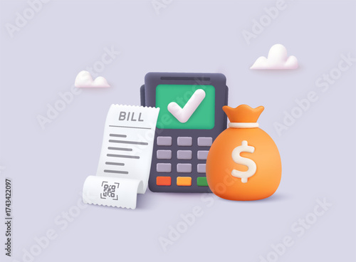 Financial payment and billing concept with POS terminal and money bag. 3D Vector Web Illustration.
