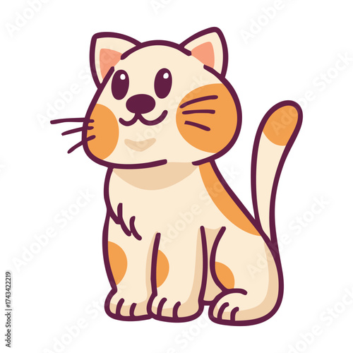 A cute and happy cartoon calico cat sitting down, isolated on a white background.