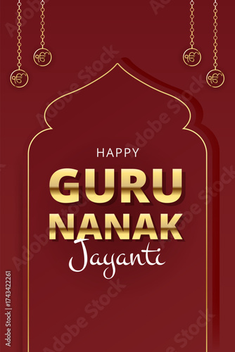 Guru Nanak Jayanti poster card with Ik Onkar Sikh religious symbol. Sikhism celebration design, vertical greeting festival background. Punjab Gurpurab concept. Vector illustration