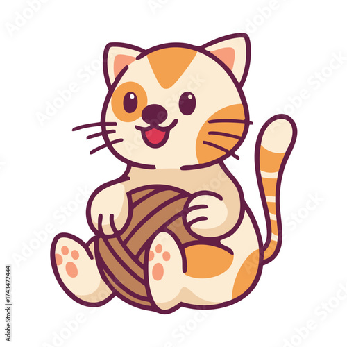 Cute cartoon orange and white cat playing with a ball of yarn, sitting happily with an open mouth.