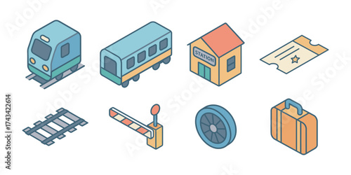 Colorful, isometric icons representing transportation and travel, including a train, train station, railway tracks, ticket, gate, wheel, and suitcase
