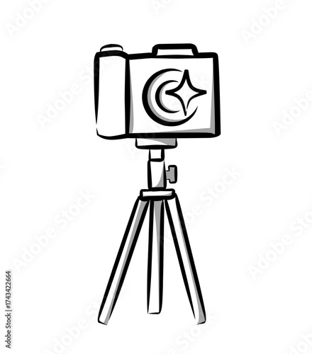 Minimalist line art camera on tripod illustration in sketch style representing photography, content creation, and visual art equipment for modern media projects.