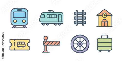 Colorful icons representing travel and transportation, including a train, high-speed train, railway tracks, station, ticket, barrier, wheel, and suitcase.