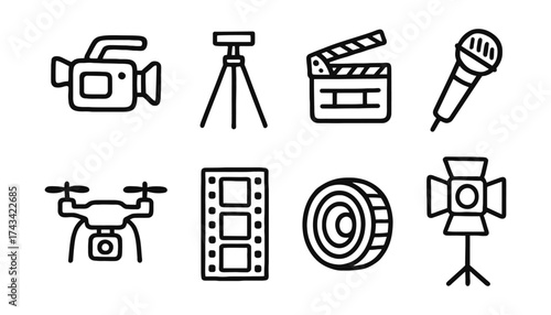 Icons representing essential film production tools like cameras, tripods, microphones, drones, and lighting equipment.