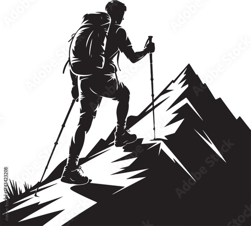 Hiker silhouette climbs mountain with trekking poles