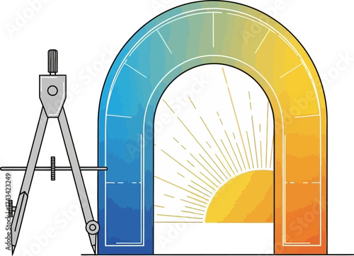 A drafting compass next to a colorful arch with a gradient scale and a rising sun, symbolizing design and measurement.
