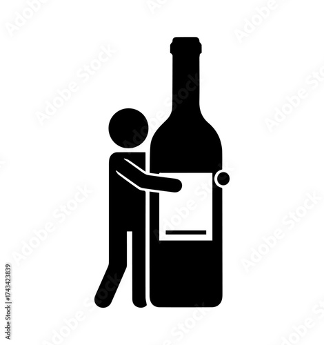 Stickman hugging wine bottle icon. Drunk person symbol, alcohol addiction concept, drinking problem, party celebration, liquor bottle silhouette, vector illustration isolated on white background.