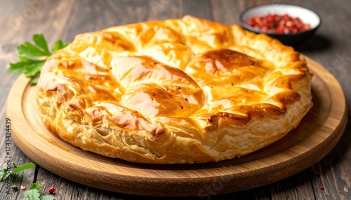 Round golden puff pastry pie on wooden board