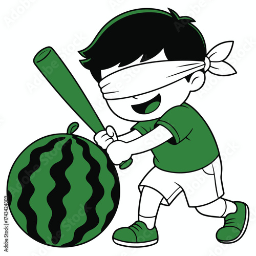 Cartoon boy with a blindfold prepares to hit a large watermelon